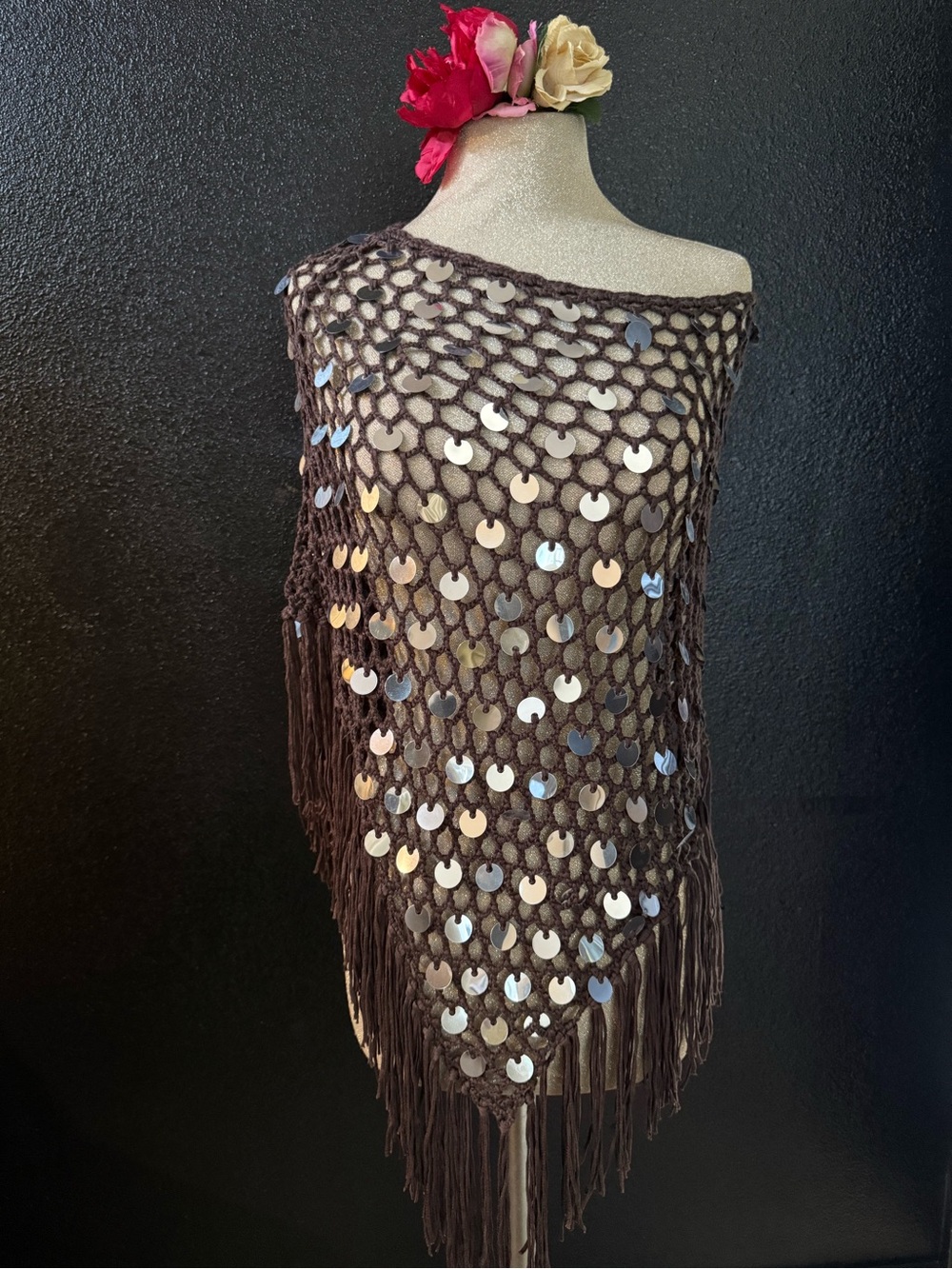 Brown Sequin Crochet Fringe Tunic Top